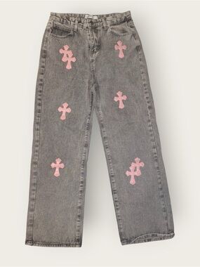 Super KOKO Grey Denim Jeans with Pink Cross Appliqués